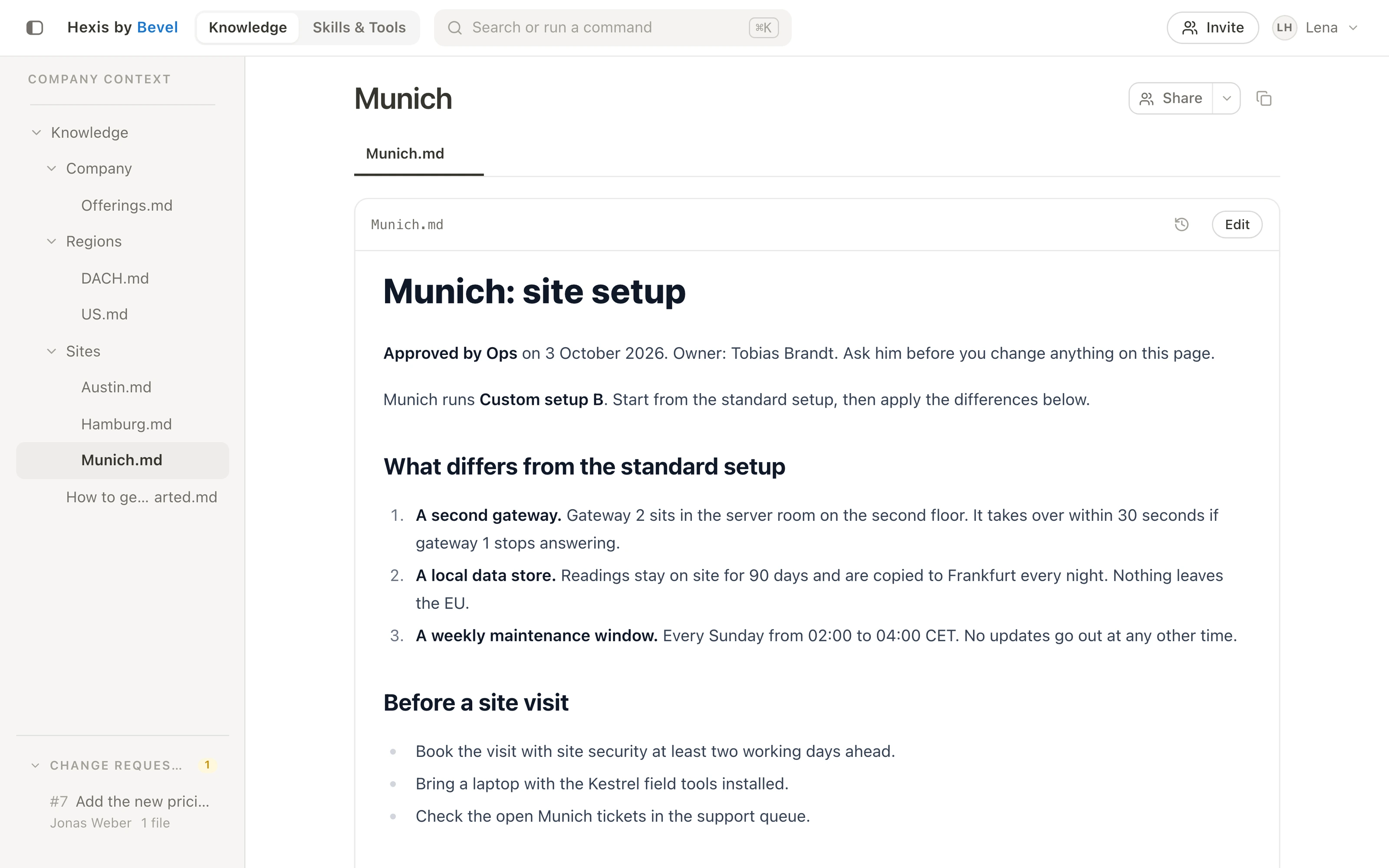 The Hexis app: company knowledge organised by regions and sites, with the Munich site page open, approved by Ops.