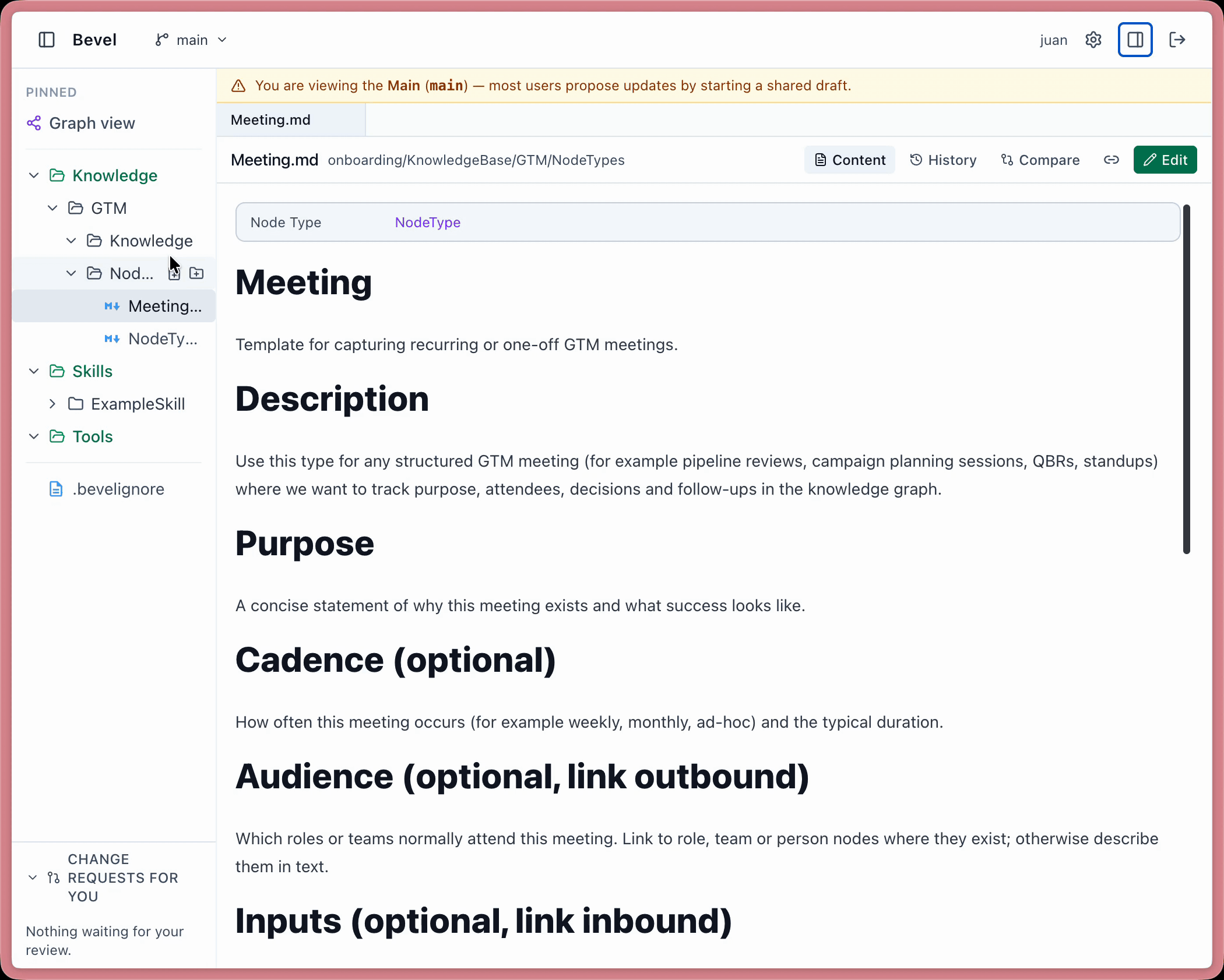 Editing a knowledge page in the Bevel platform